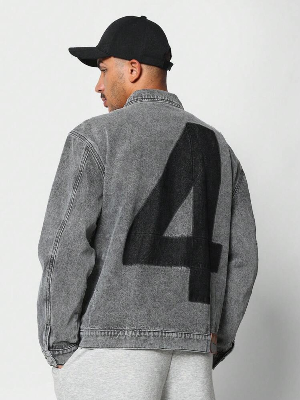 Washed Gray Denim Jacket with Bold Black '4' Back Graphic